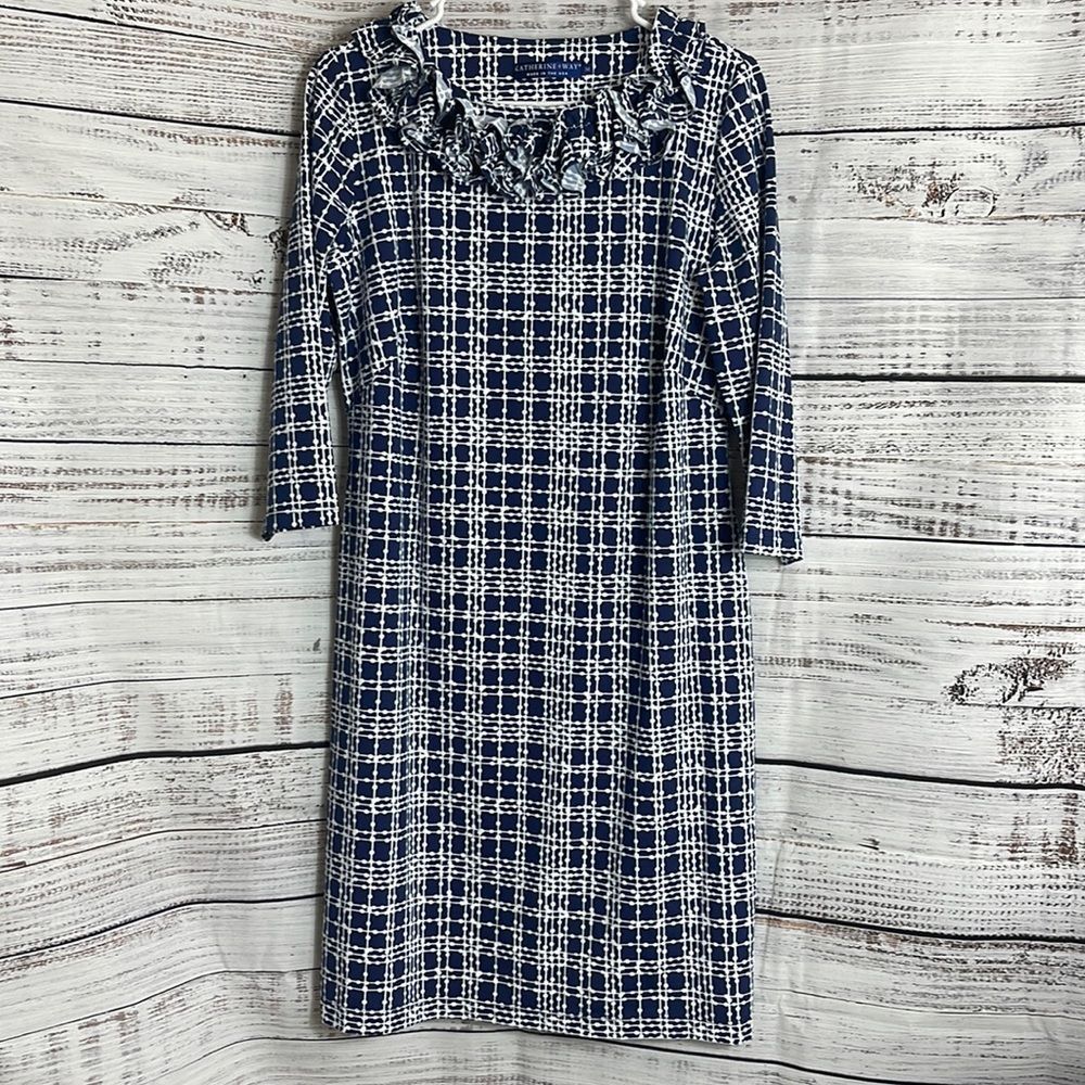 Katherine Way Navy and White Plaid Ruffle Neck Dress